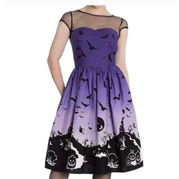 Purple Rockabilly Goth Punk Halloween Dress Bats Haunted House Print Sheer Mesh - Picture 2 of 11